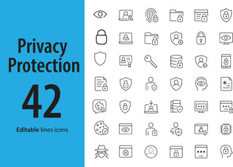 Privacy Protection Line Icons, Shield, Fingerprint, Face ID, Password, Private Account, Secure Access, Encryption, and More , Editable Formats: AI, EPS, JPG, PNG , Ideal for Both Digital and Print Use