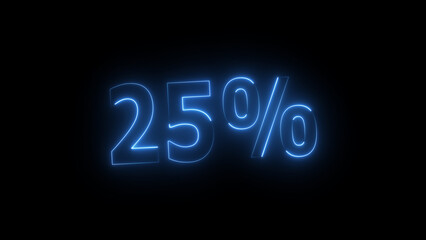Neon glowing 25 percent icon illustration. on black background. Abstract 25% percent text neon illustration. and creating a stunning 4k illustration.