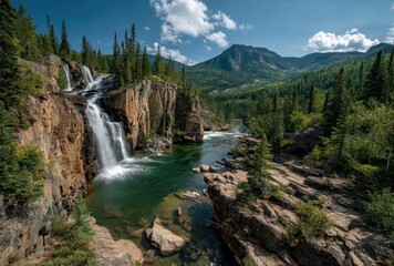Fototapeta premium Serene Waterfall Cascading into Crystal Clear Pool Surrounded by Lush Green Forest and Majestic Mountains Under Bright Blue Sky with Fluffy Clouds