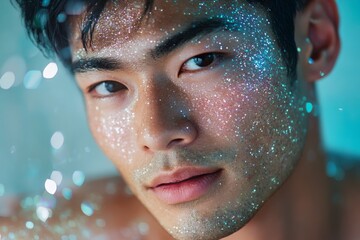 Portrait of Asian handsome young man with glitter on face. Glowing skin. Concept of beauty and fashion.