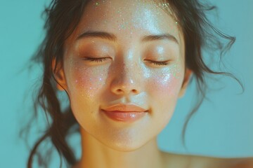 Young woman with glitter on her face against color background. Beauty, cosmetics and creative art makeup. Bright skin.
