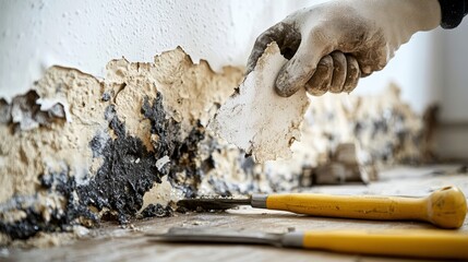 A gloved hand scraping mold and damaged paint off a wall during home renovation or mold remediation.