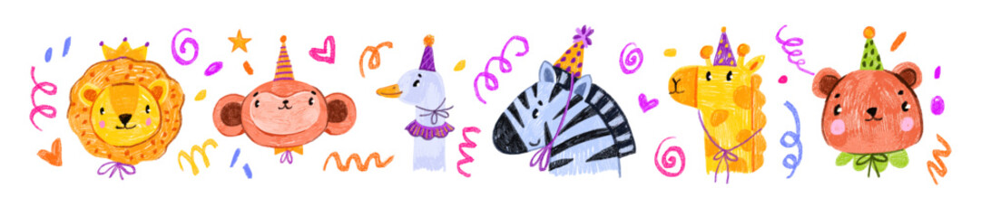 Obraz na płótnie Canvas Kids cute animal print, hand drawn happy birthday party cartoon colorful pencil postcard elements. Baby lion, monkey face, giraffe in funny hat, holiday confetti scribble. Jungle kids animal poster