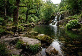 Obraz premium Serene Waterfall in Lush Green Forest with Calm Pool Surrounded by Rocks and Foliage in Idyllic Natural Landscape
