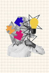 3d vertical art collage of anonym girl guy show like gesture instead head puzzle light bulb idea...