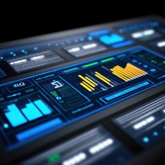 Futuristic Digital Dashboard Interface with Graphs and Metrics for Data Analysis and Visualization in Technology Environment