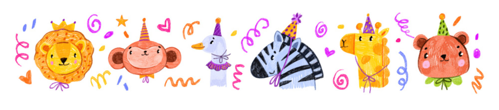 Naklejki Kids cute animal print, hand drawn happy birthday party cartoon colorful pencil postcard elements. Baby lion, monkey face, giraffe in funny hat, holiday confetti scribble. Jungle kids animal poster