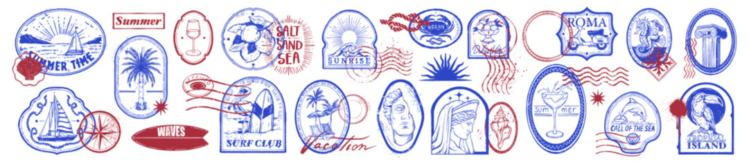 Summer travel postage stamp set, vector hand drawn engraving exotic tropical print, ocean typography. Postal beach vacation design, Italy coastal logotype, tourism sticker. Vintage ink summer stamp