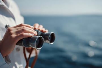 yacht captain stands confidently on left side of frame holding binoculars with determined expression
