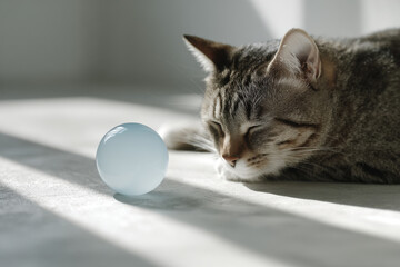 playful cat engaging with bright ball on clean light background