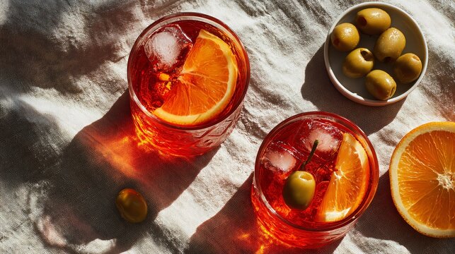 Flat lay of classic Italian aperitivo: Campari spritz, olives, and orange slices on linen napkin