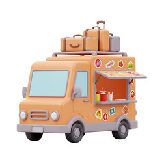 Orange Food Truck with Luggage on Top 3D Render