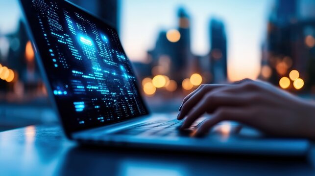 A person typing on a laptop displaying digital code with a blurred cityscape background at dusk.