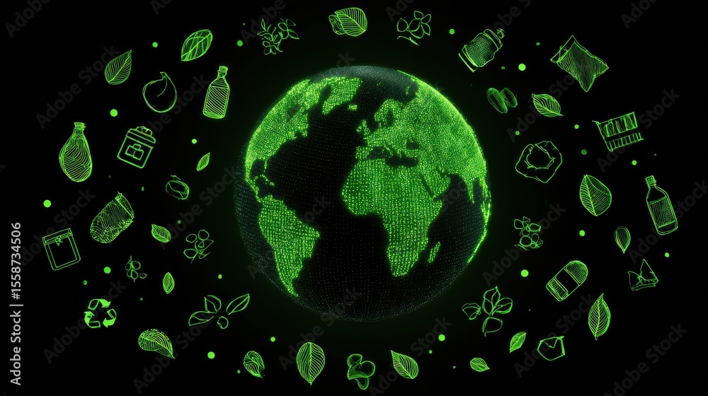 Aufkleber glowing green globe surrounded by reusable icons representing a sustainable future and environmental