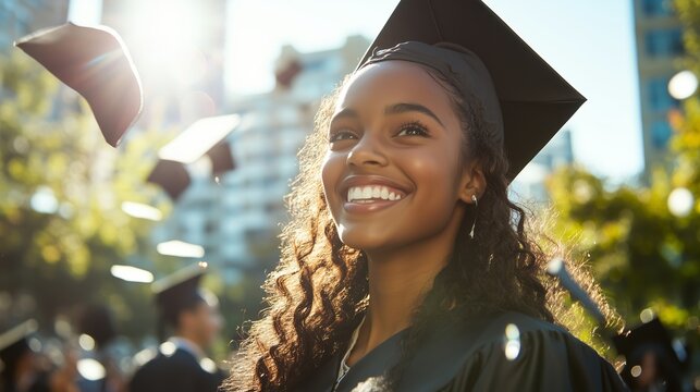 Young graduate celebrates achievement outdoors with friends during graduation ceremony in sunny cityscape