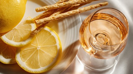 Flat lay of minimalist Aperitivo hour with lemon wedges, grissini, and a single orange drink glass