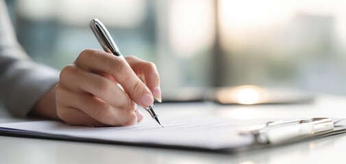 The hand writing on a document with a sleek pen in an office setting.