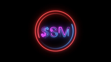 8 Millions Glowing neon line Letter Icon illustration. 1M followers and subscribers on black background 4K illustration.	