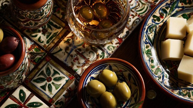 Flat lay of vintage Aperitivo hour with Sicilian ceramics, olives, and hand-cut cheese cubes
