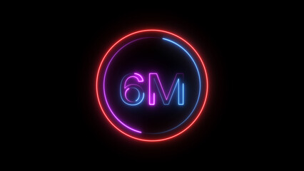 6 Millions Glowing neon line Letter Icon illustration. 6M followers and subscribers on black background 4K illustration.	