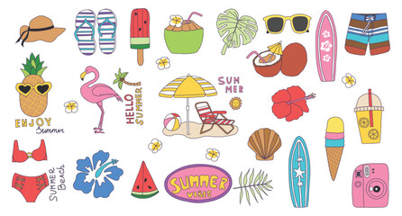 Summer exotic hand drawn vector icon set  bright and colorful - Hello Summer.