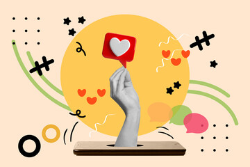 Collage of a woman hand doing italian gesture with a social media like on a yellow circle on a pink...