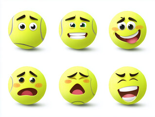 Six tennis balls showing different emotions on white background