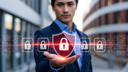 Protecting digital data, Asian businessman presents cybersecurity shield and lock icons, representing secure network access and confidentiality.