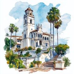 Hearst Castle. Hearst Castle hand drawn watercolor illustration