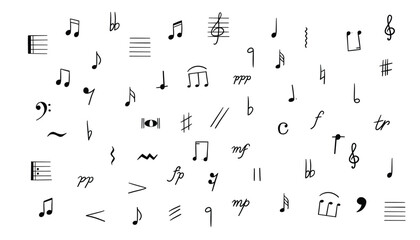 Set of musical notes isolated on white background. Black and white vector illustration.