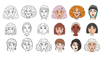 Types of female hairstyles cartoon,black,outline icons in set collection for design. Vector set of avatars of different women with different hair styles. vector illustration.