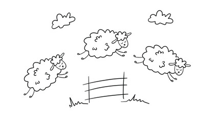 Doodle line cute sheep jumping over fence. Cartoon sheeps. Cute hand drawn doodle vector illustration.
