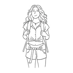 Hiking woman with backpack. Vector illustration of a tourist girl. Doodle vector