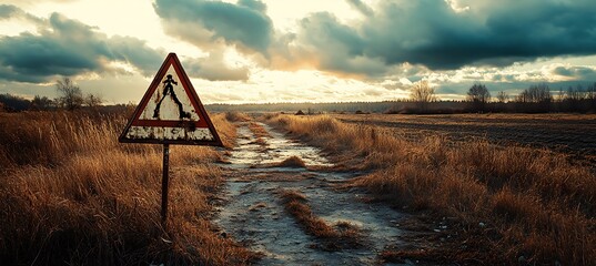 A warning sign in a toxic, abandoned farmland 