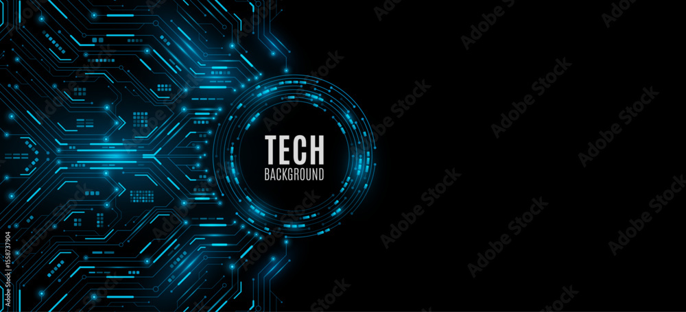 Poster glowing blue circuit lines and electronics elements on a black background. futuristic digital circui