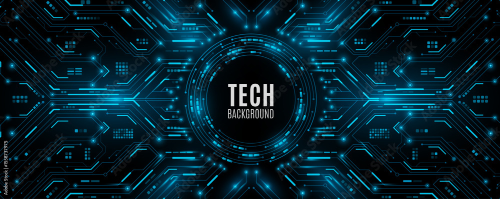 Poster modern technology background. glowing blue circuit lines and electronics elements on black backdrop.