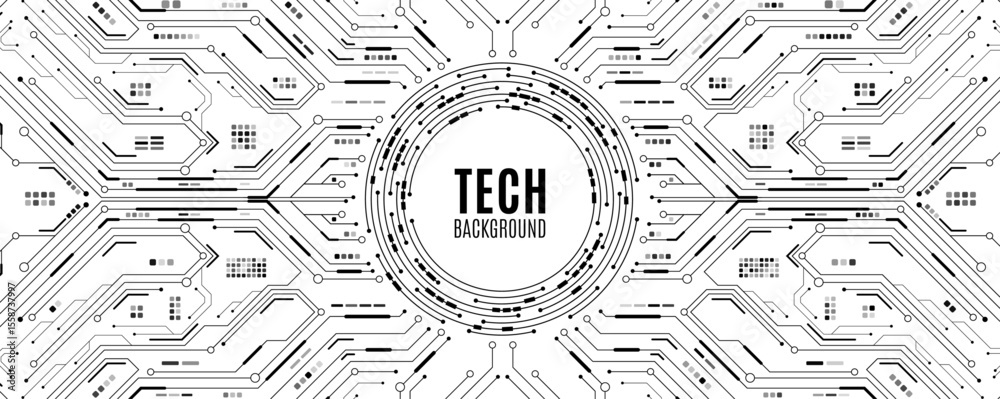 Poster technology background featuring black circuit lines and electronics elements on white backdrop. digi