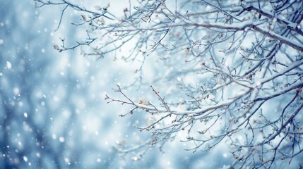 Delicate snow-dusted tree branches with small buds and dried leaves extend across a serene winter scene, with soft blue-toned snowy background and gently falling snowflakes.