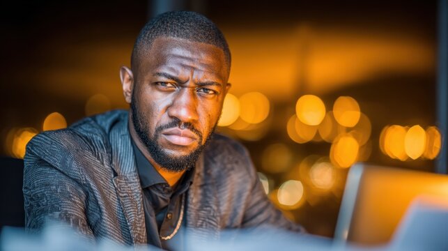 Confident businessman working late in office with modern lighting ambiance