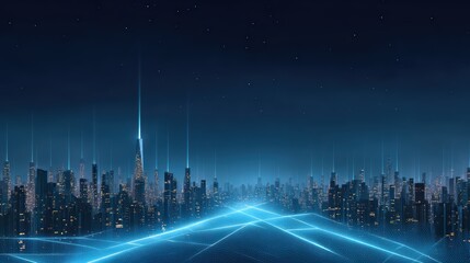 Futuristic City Skyline with Glowing Lights and Digital Elements at Night Under a Starry Sky