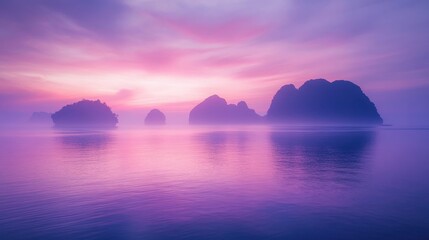 Serene Sunset Over Misty Islands in Tranquil Water