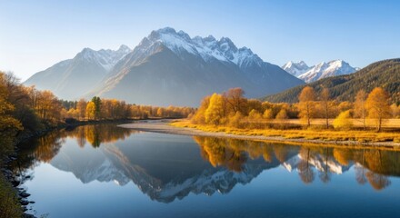 Obraz premium Majestic Mountain Peak Reflecting in a Serene Autumn River Landscape