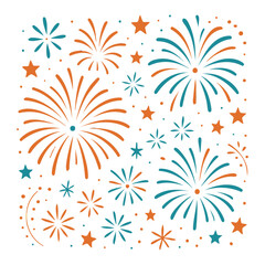 Illustration of festive fireworks and stars in teal and orange colors on white background