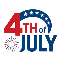 A fourth of july graphic with stars and stripes and fireworks in red white and blue colors