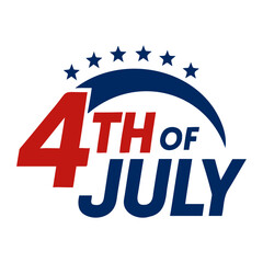 Illustration of fourth of july text with red and blue colors and star decorations above it