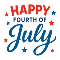 Illustration of happy fourth of july text with red and blue stars on a white background design