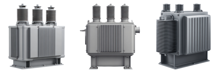 Industrial electrical transformer with cooling fins and insulators isolated on transparency background