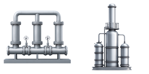 Industrial metal pipeline system with valves and tall cylindrical distillation columns for heavy industry
