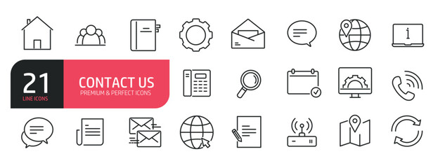 Set of line icons related to communication contact, message, network, support. Outline icons collection. Editable stroke. Vector illustration