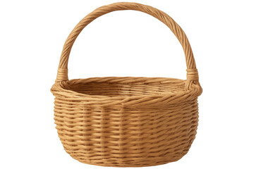 Wicker basket with robust handle, crafted from interwoven material, sitting against clean white backdrop for versatile graphic uses